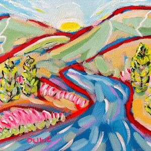 Original Painting Abstract Mountain Landscape Trees Flowers Sunset  9x12" Canvas